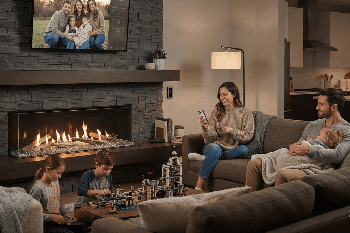 Family relaxing by a low maintenance linear gas fireplace with smart controls in a modern stone feature wall living room