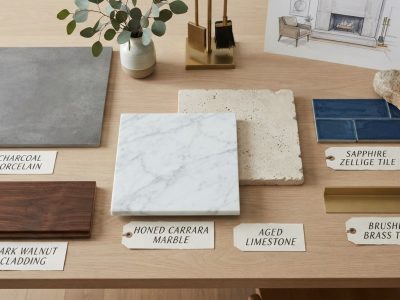 Fireplace surround material samples including marble, limestone, walnut cladding, porcelain, and brass trim on a design mood board